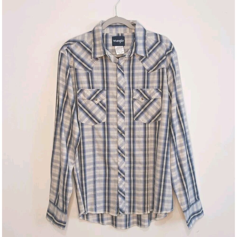 Wrangler Mens Large Blue Plaid Pearl Snaps Western Shirt Long Sleeve Lightweight